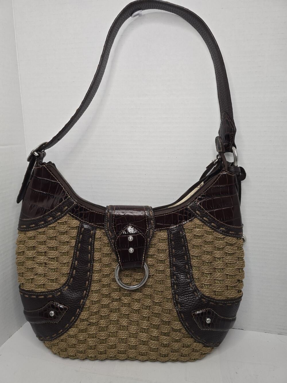 Brighton Woven Straw Brown Leather Shoulder Bag Buckle Ring Accent Key Holder